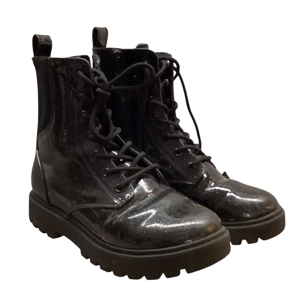 Kids Black Glitter Combat Boots Lace Up Side Zip Chunky Sole
